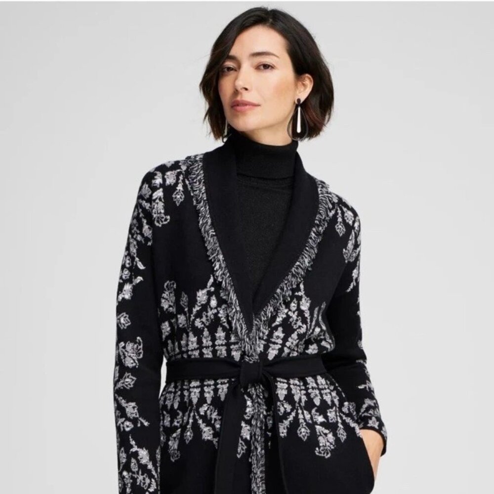 Chicos Medallion Print Shawl Cardigan Open Belt Tie Black Fringe Collar